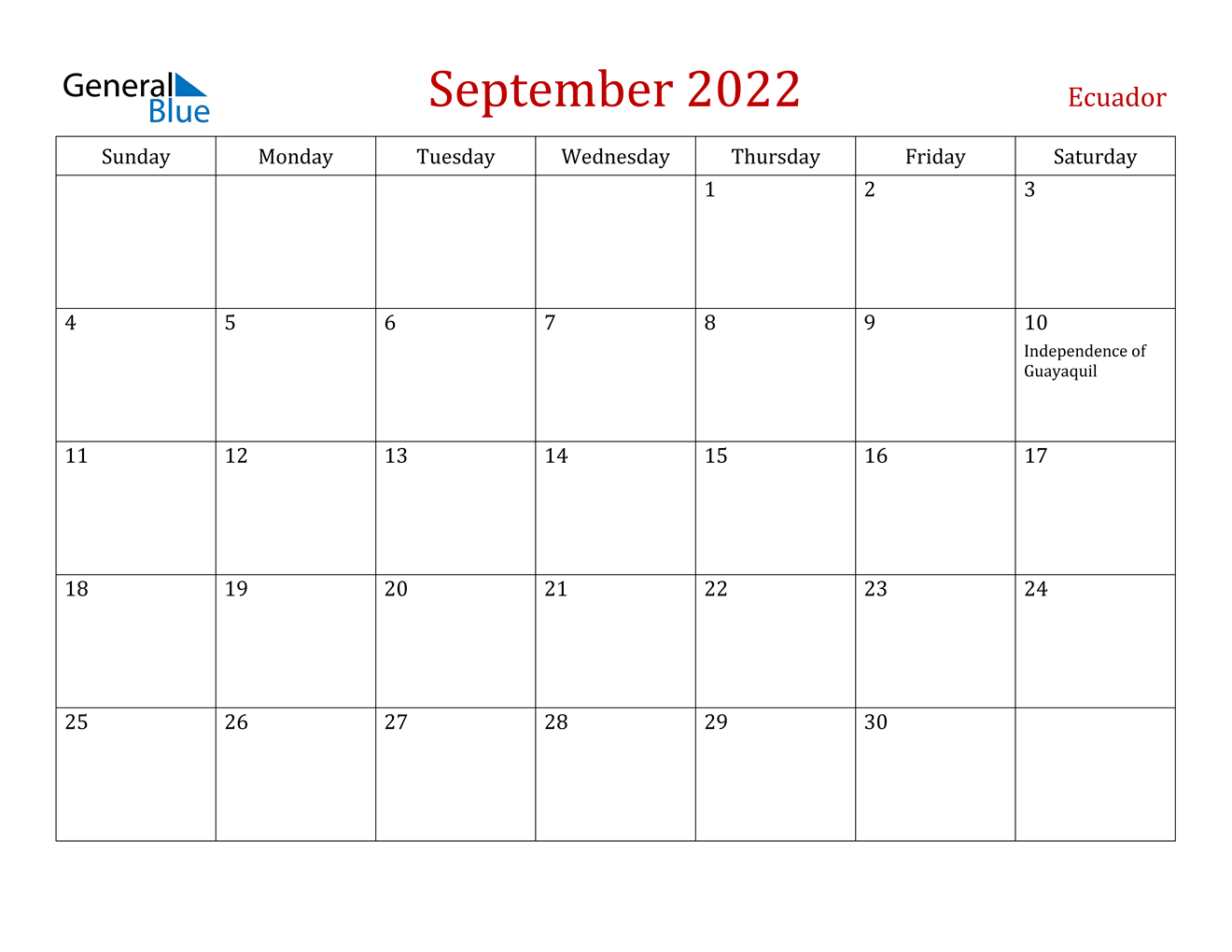 September 2022 Calendar - Ecuador