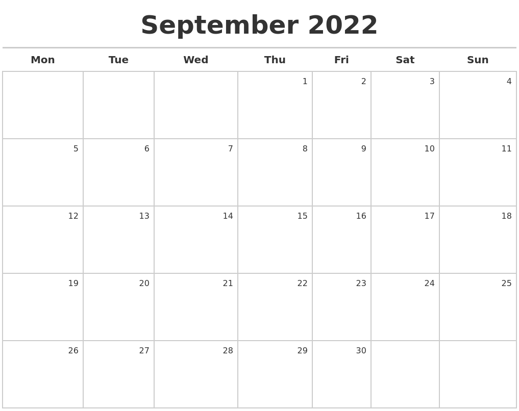 September 2022 Calendar Maker