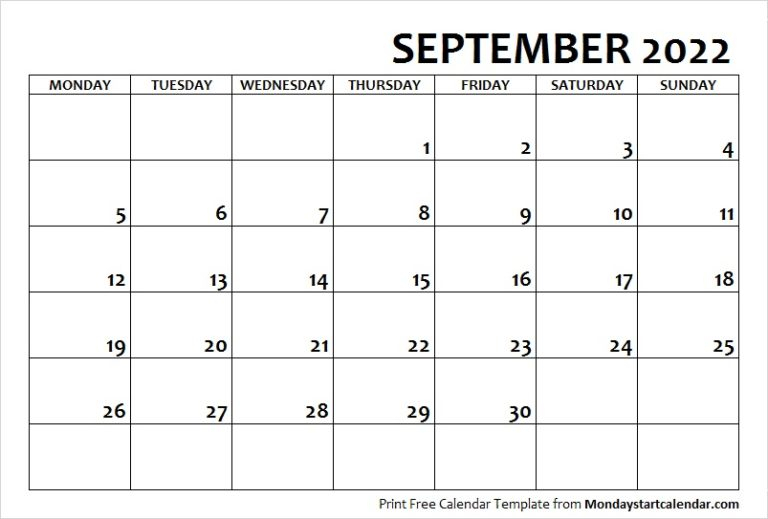 September 2022 Calendar Monday Start | September Month