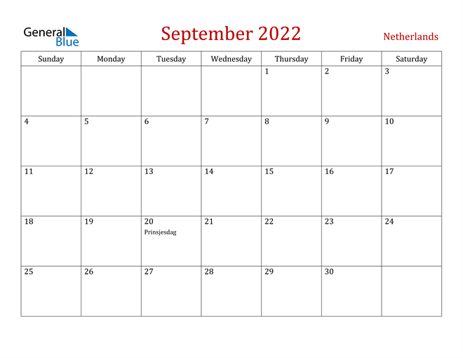 September 2022 Calendar - Netherlands