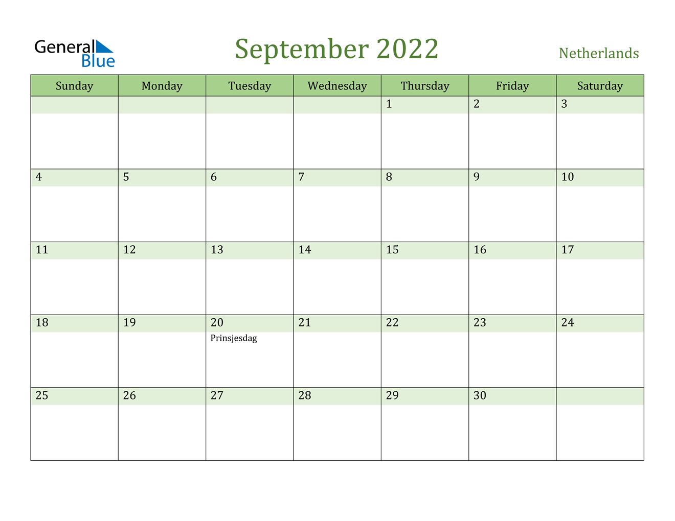 September 2022 Calendar - Netherlands