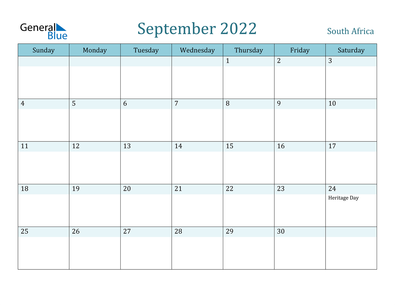 September 2022 Calendar - South Africa