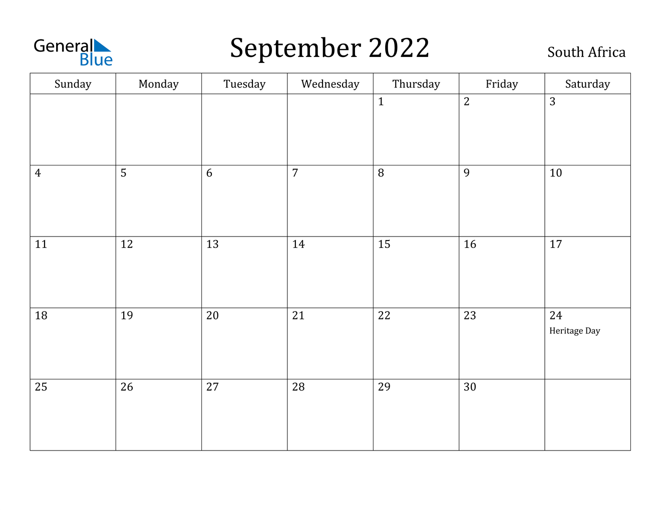 September 2022 Calendar - South Africa