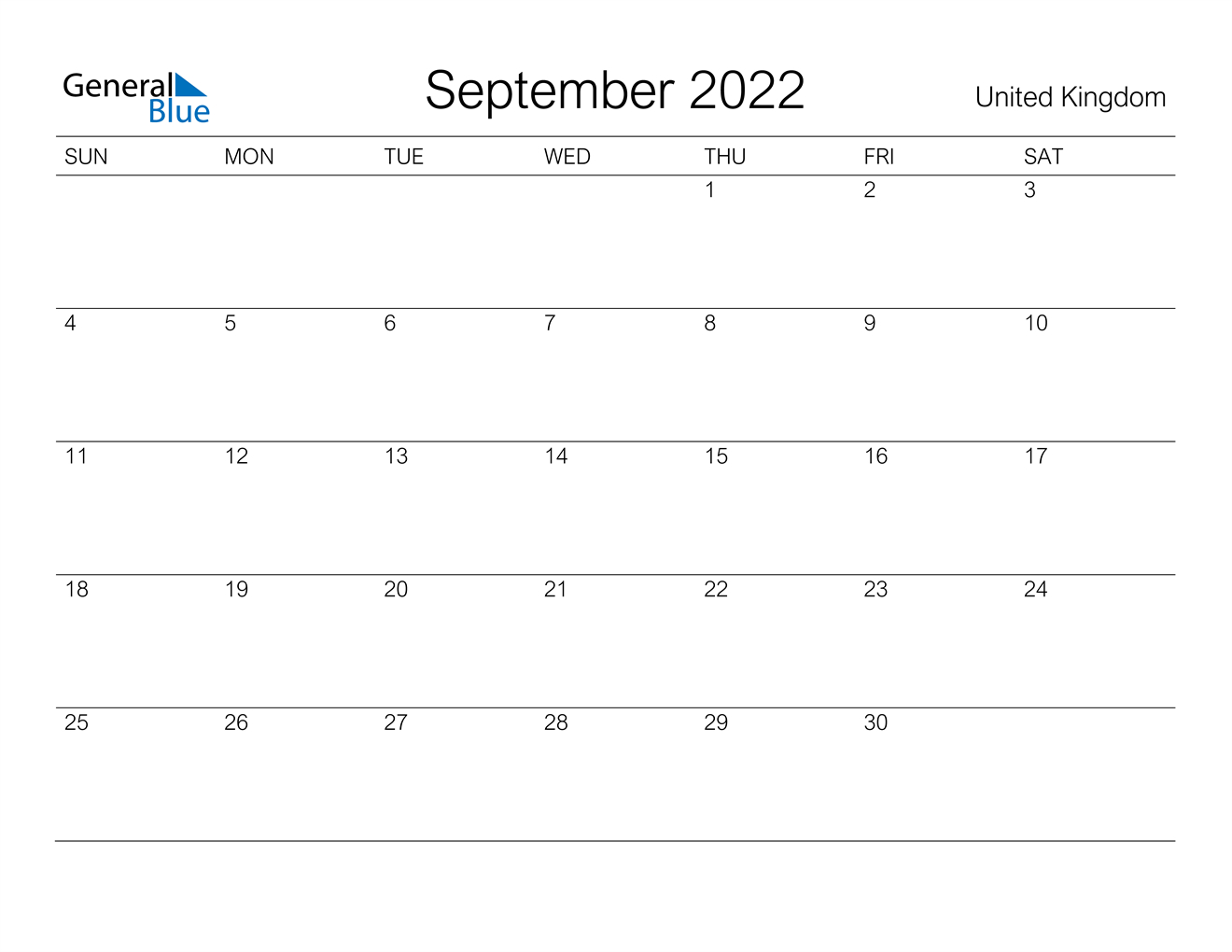September 2022 Calendar - United Kingdom