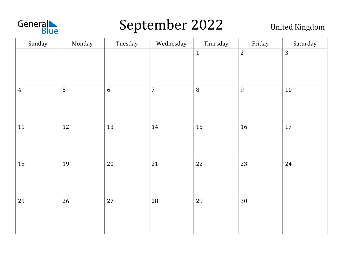 September 2022 Calendar - United Kingdom