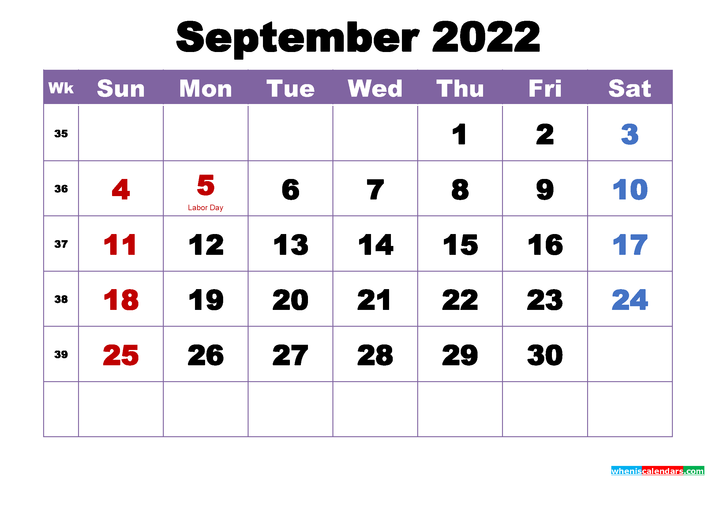 September 2022 Calendar With Holidays Printable