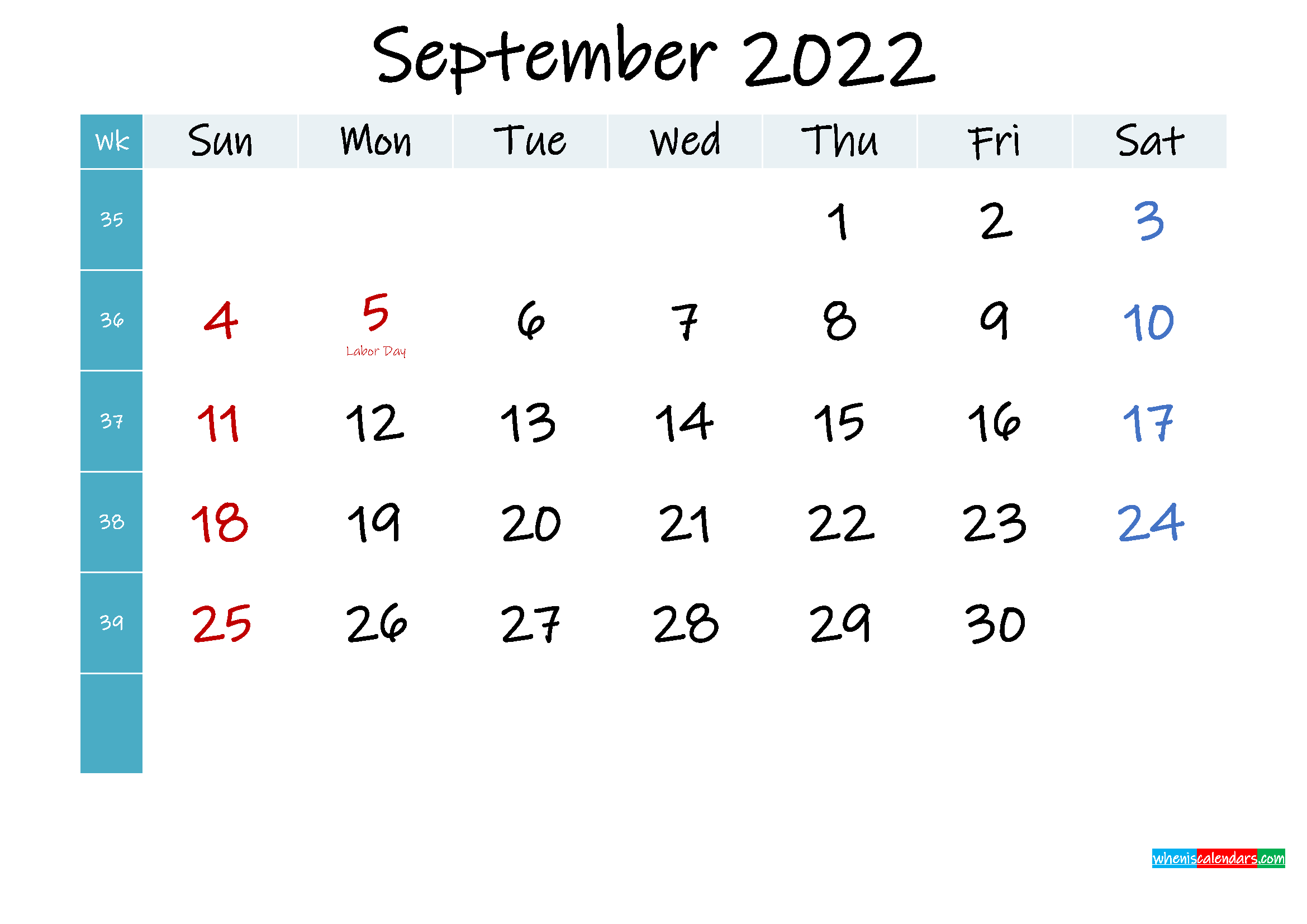 September 2022 Free Printable Calendar - Template No