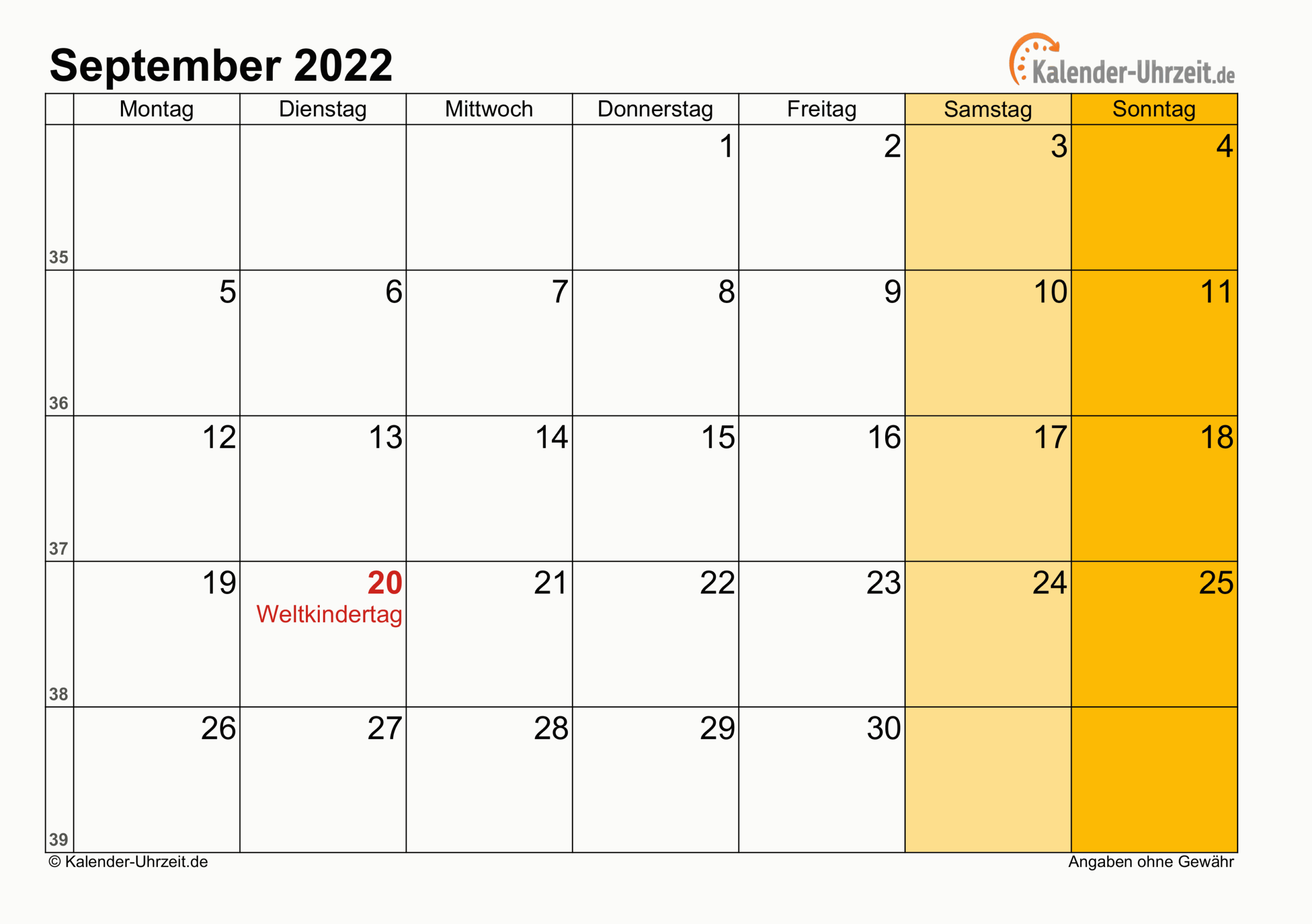 September 2022 Kalender Mit Feiertagen