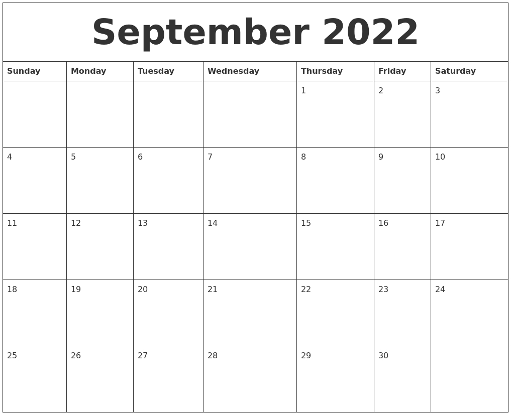 September 2022 Large Printable Calendar