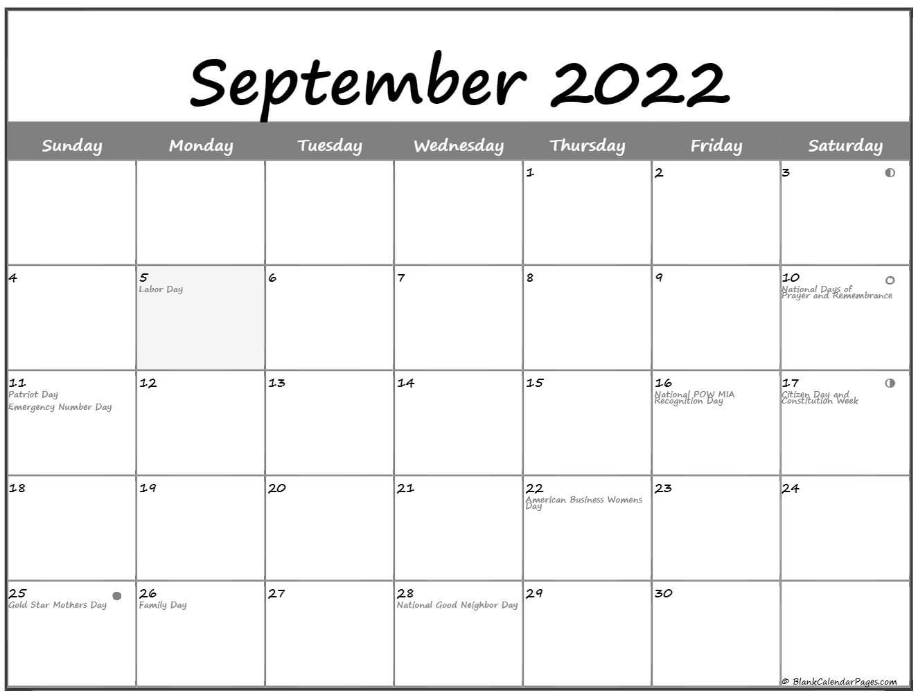 September 2022 Lunar Calendar | Moon Phase Calendar