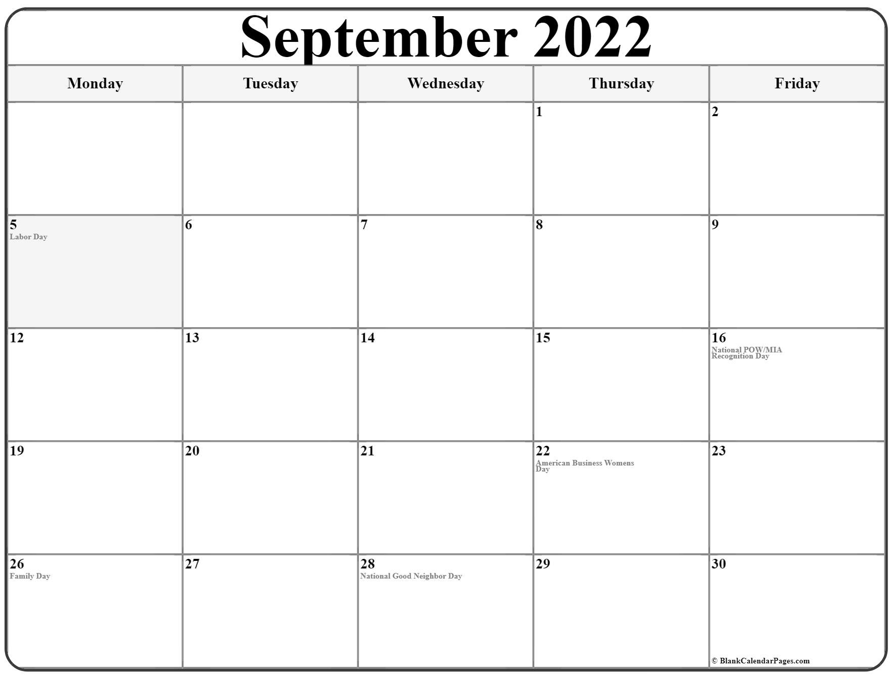 September 2022 Monday Calendar | Monday To Sunday