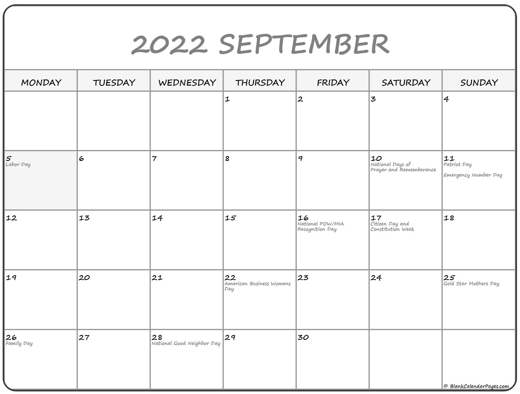September 2022 Monday Calendar | Monday To Sunday