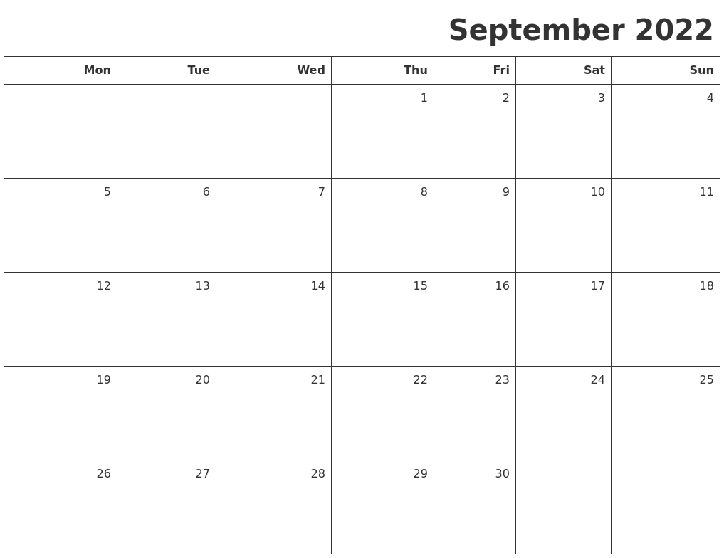 September 2022 Printable Blank Calendar