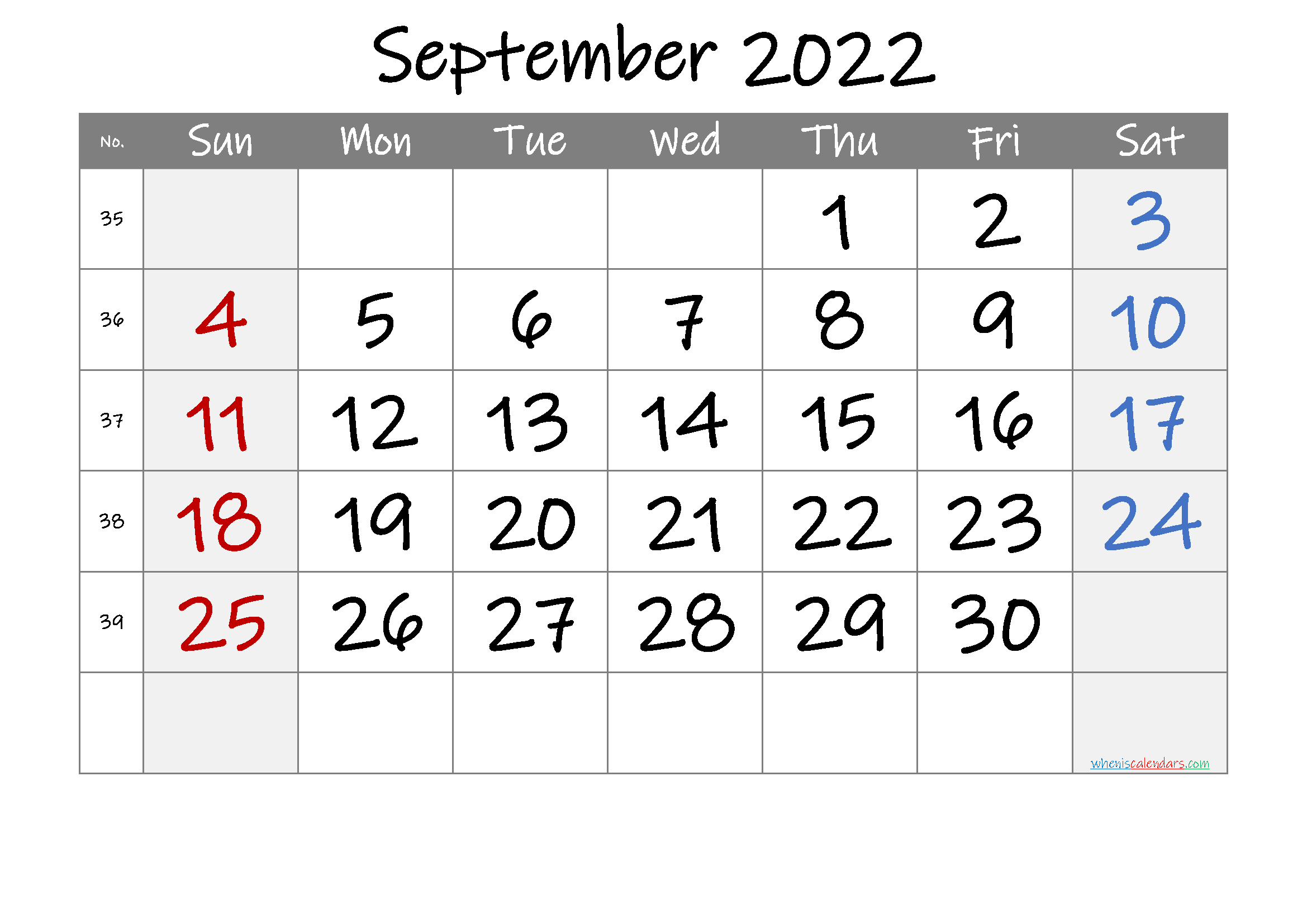 September 2022 Printable Calendar With Week Numbers [Free