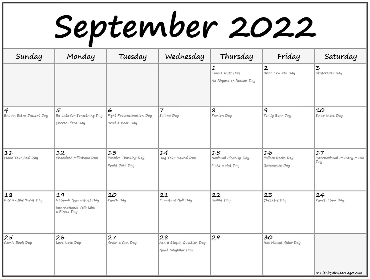 September 2022 With Holidays Calendar