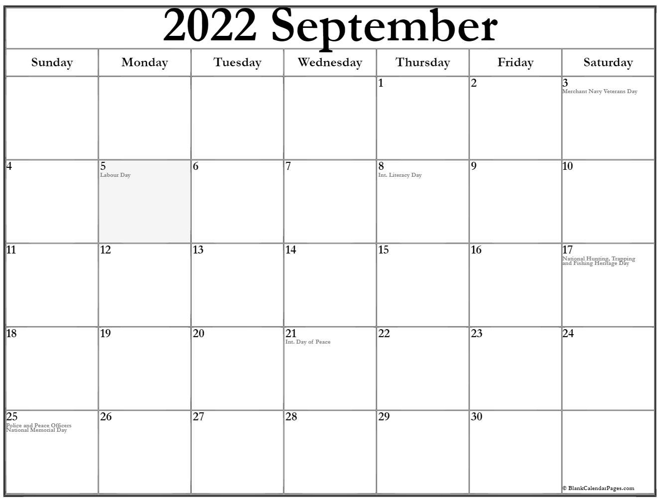 September 2022 With Holidays Calendar