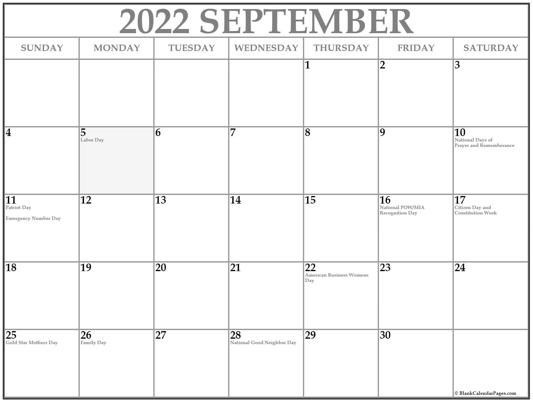 September 2022 With Holidays Calendar