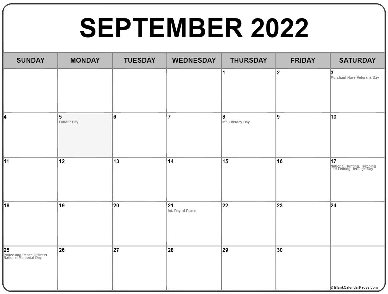 September 2022 With Holidays Calendar