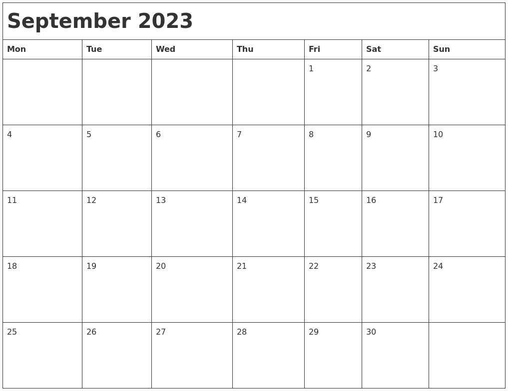 September 2023 Month Calendar