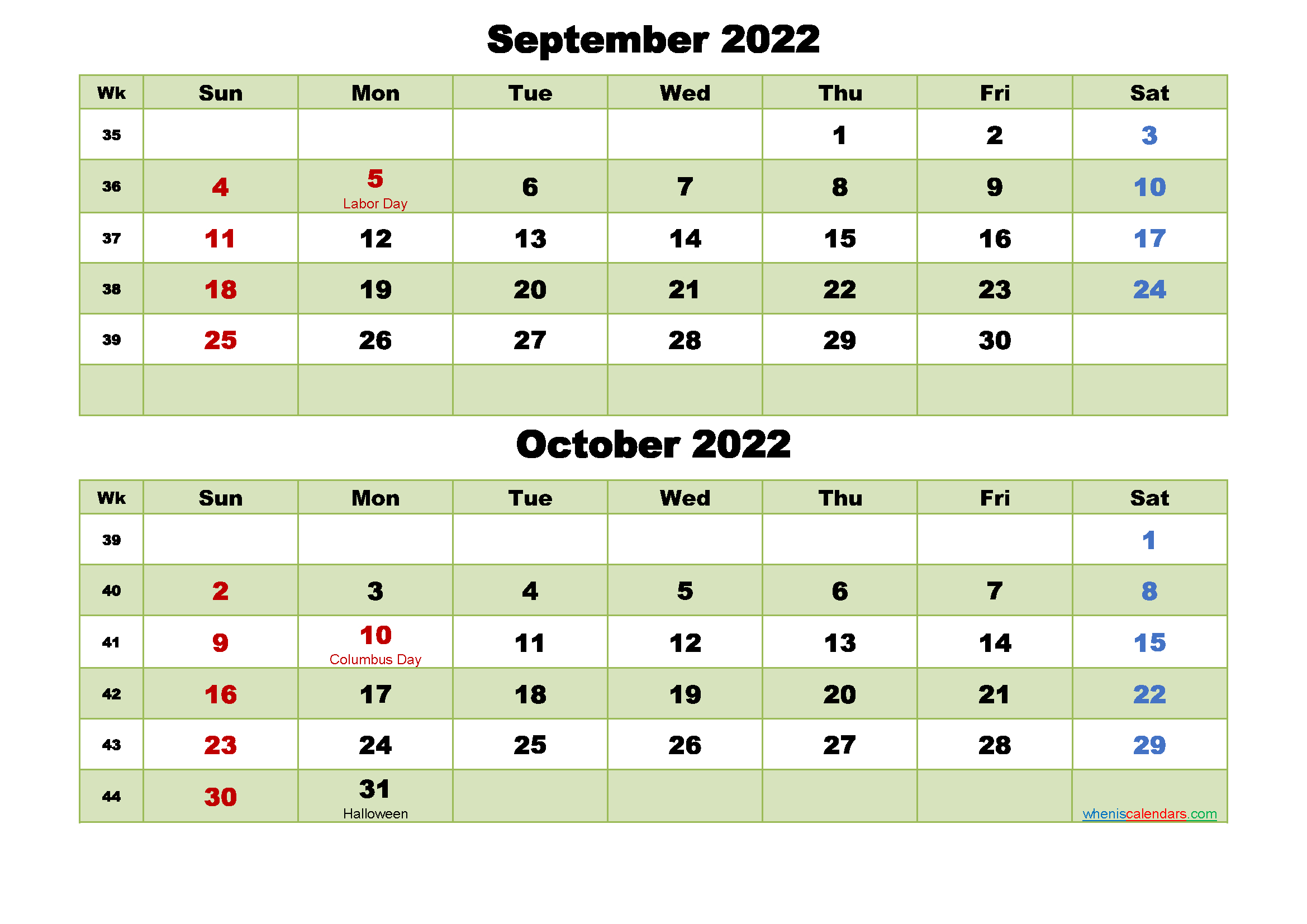 September And October 2022 Calendar With Holidays