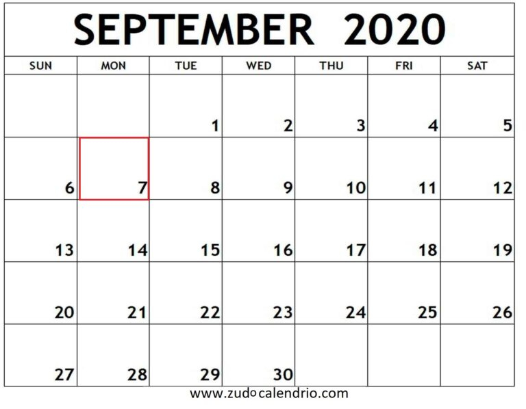 September Calendar 2020 Free Template | Zudocalendrio