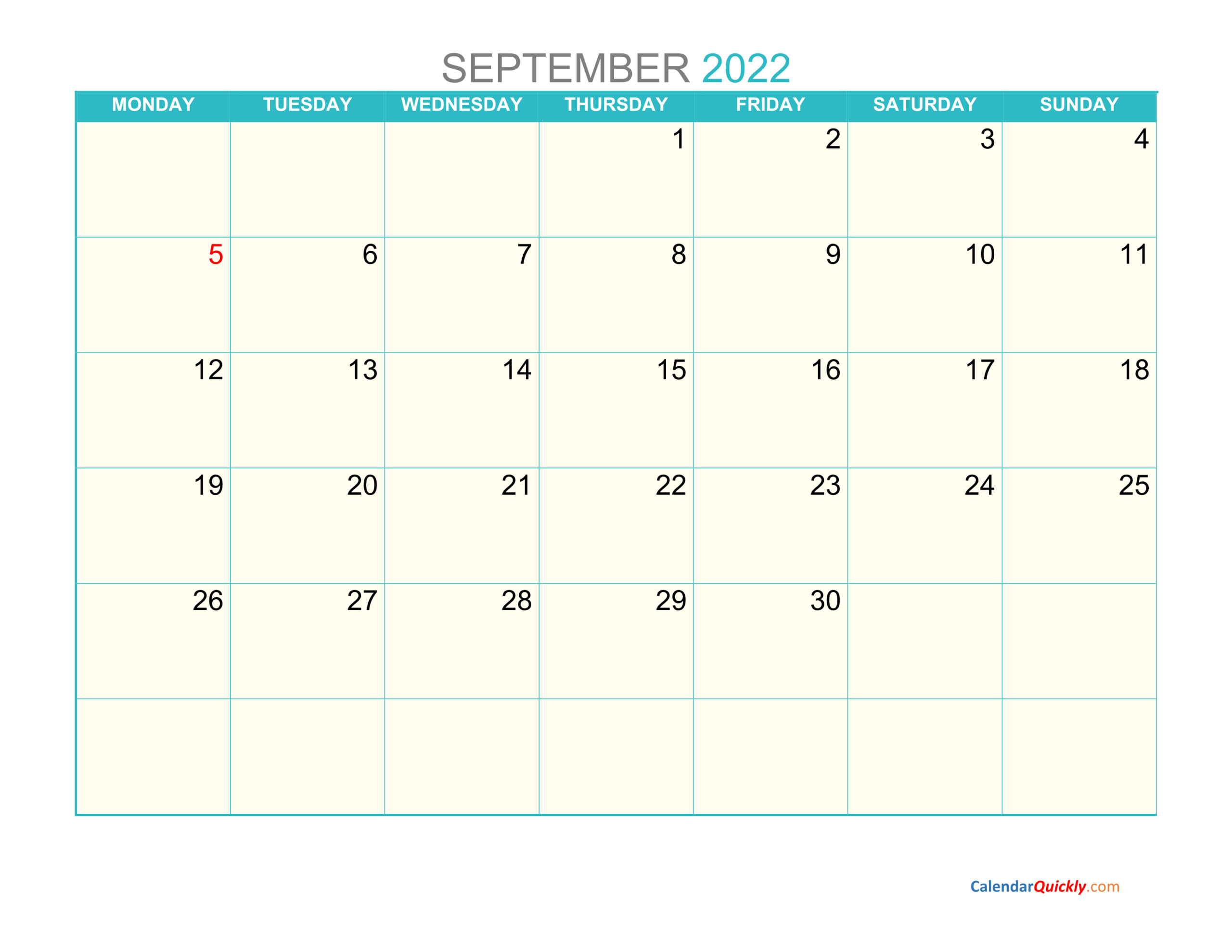September Monday 2022 Calendar Printable | Calendar Quickly
