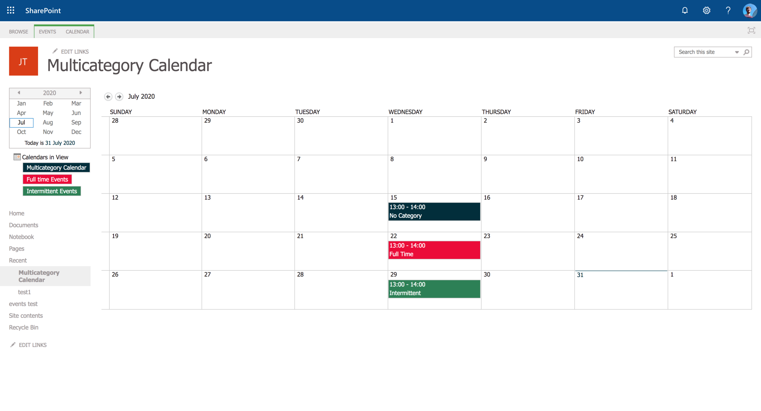 Sharepoint: Multicoloured Events In Calendar