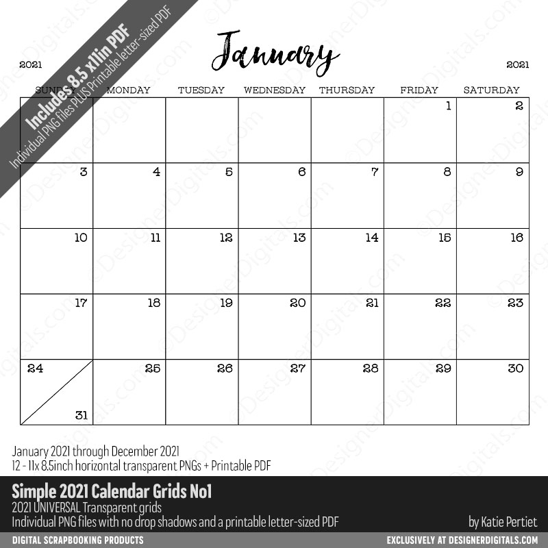 Simple 2021 Calendar Grids 01 - Katie Pertiet Designs