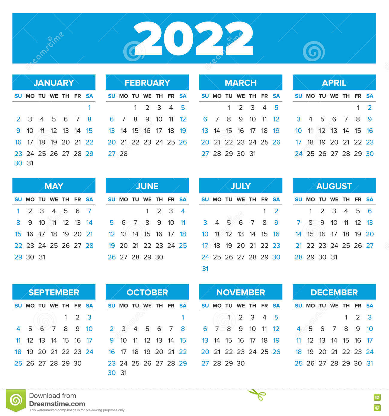 Simple 2022 Year Calendar Stock Vector. Illustration Of