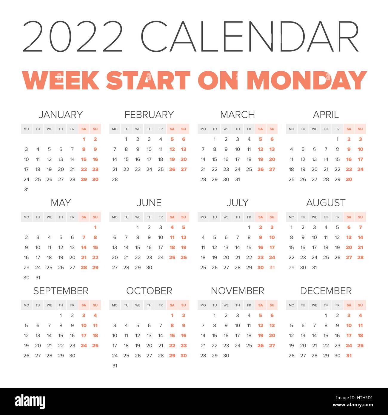 Simple 2022 Year Calendar, Week Starts On Monday Stock