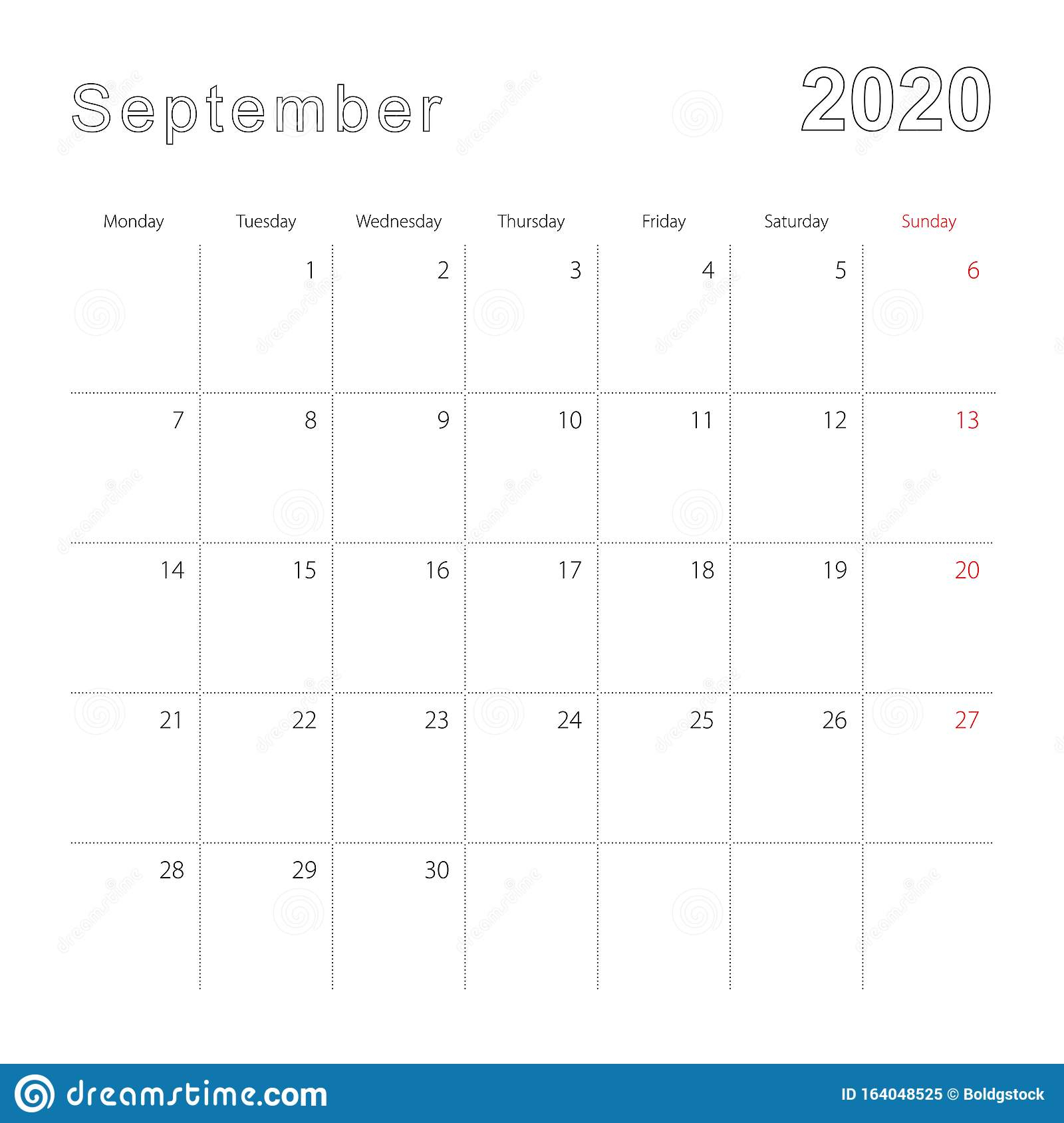 Simple Wall Calendar For September 2020 With Dotted Lines