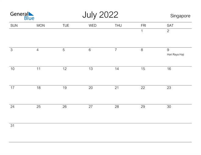 Singapore July 2022 Calendar With Holidays