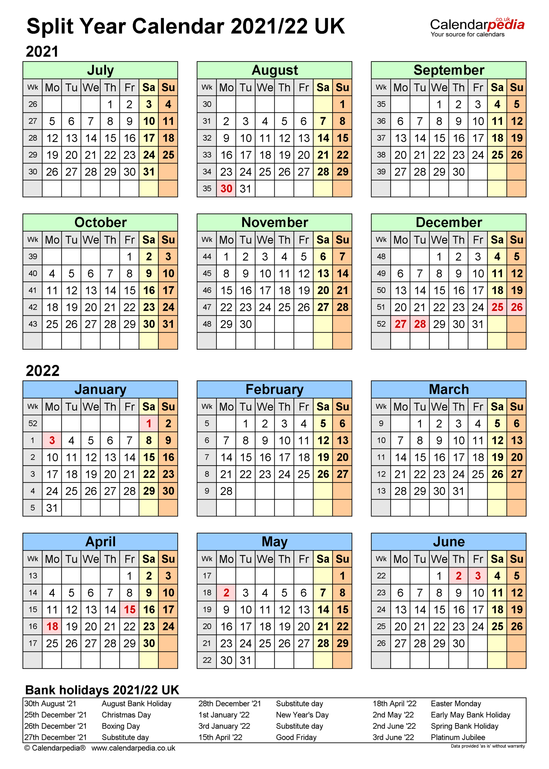 Split Year Calendars 2021/22 Uk (July To June) For Word