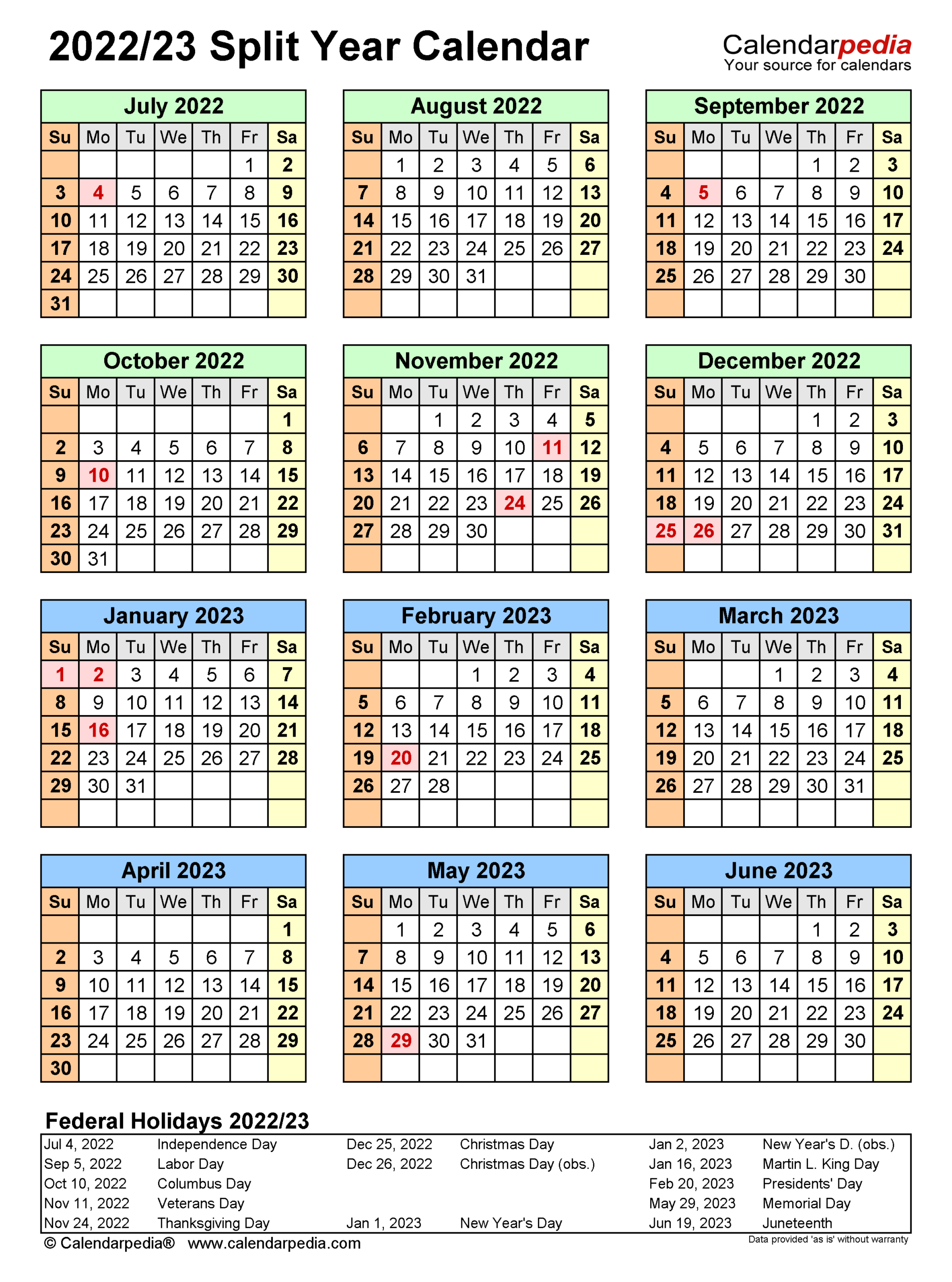 Split Year Calendars 2022/2023 (July To June) - Pdf Templates