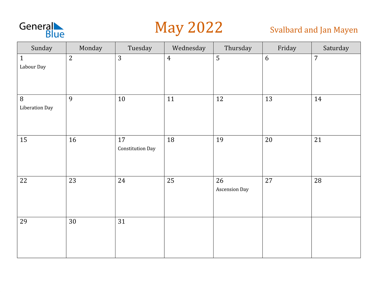 Svalbard And Jan Mayen May 2022 Calendar With Holidays