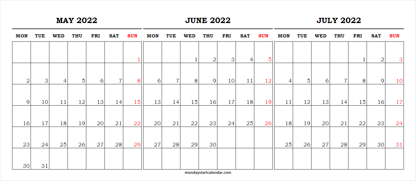 Three Month Calendar 2022 May June July - Latest Calendar