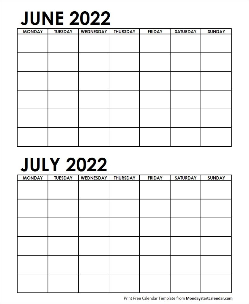 Two Month June July 2022 Calendar Blank | Two Months Template