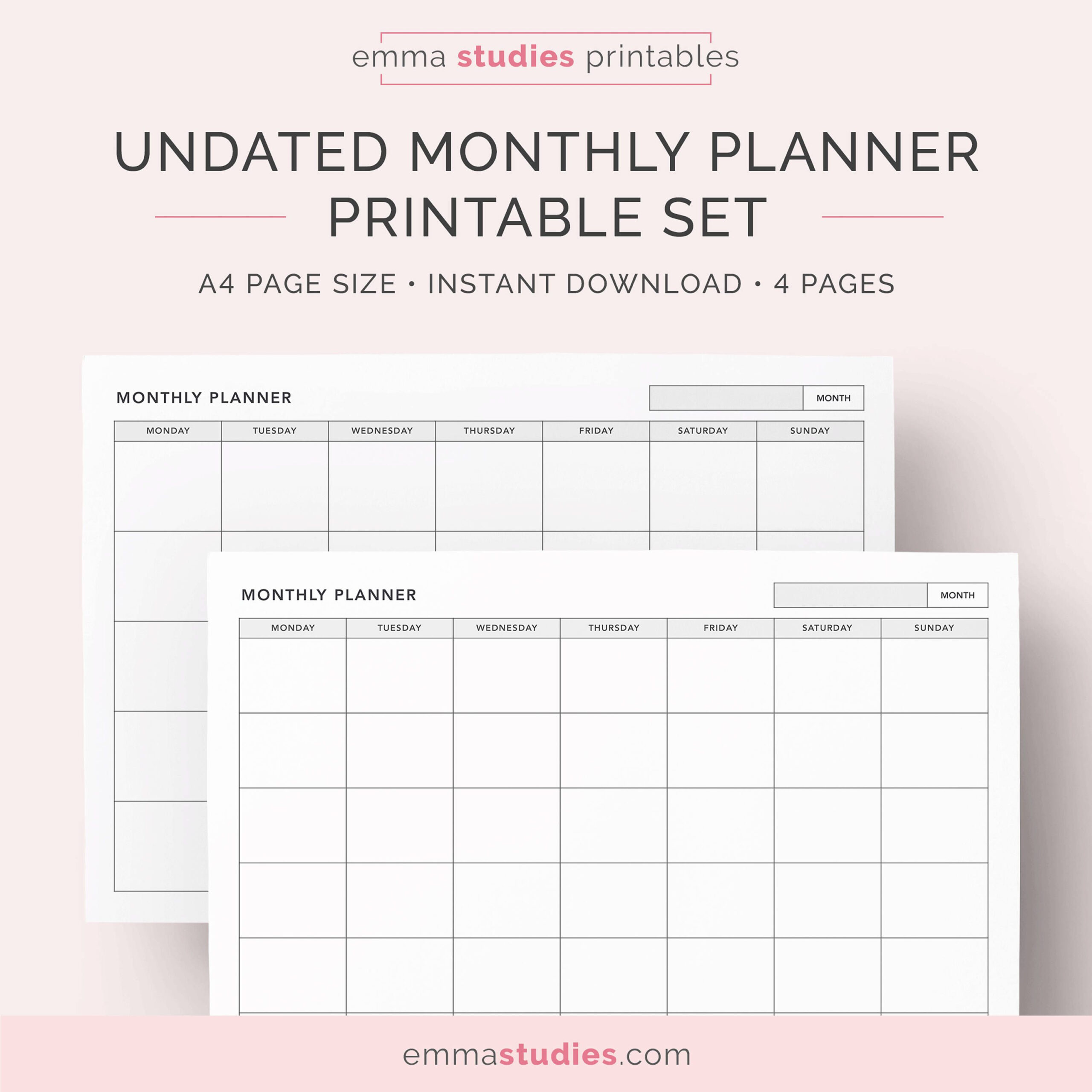 Undated Monthly Calendar Planner Printable Set |