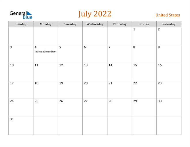United States July 2022 Calendar With Holidays
