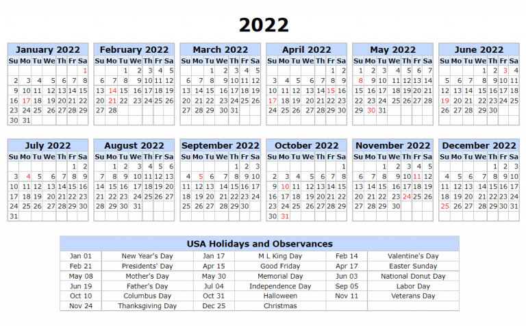 Us 2022 Calendar With Holidays, Festivals | Calendar 2022