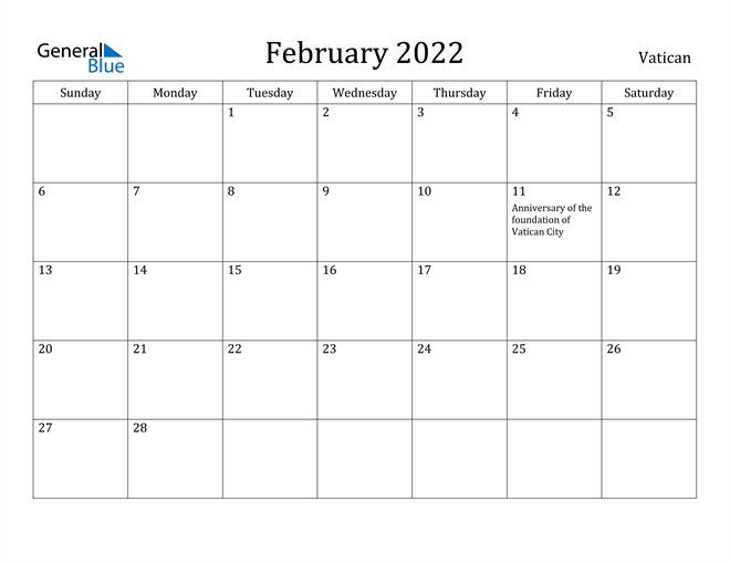 Vatican February 2022 Calendar With Holidays