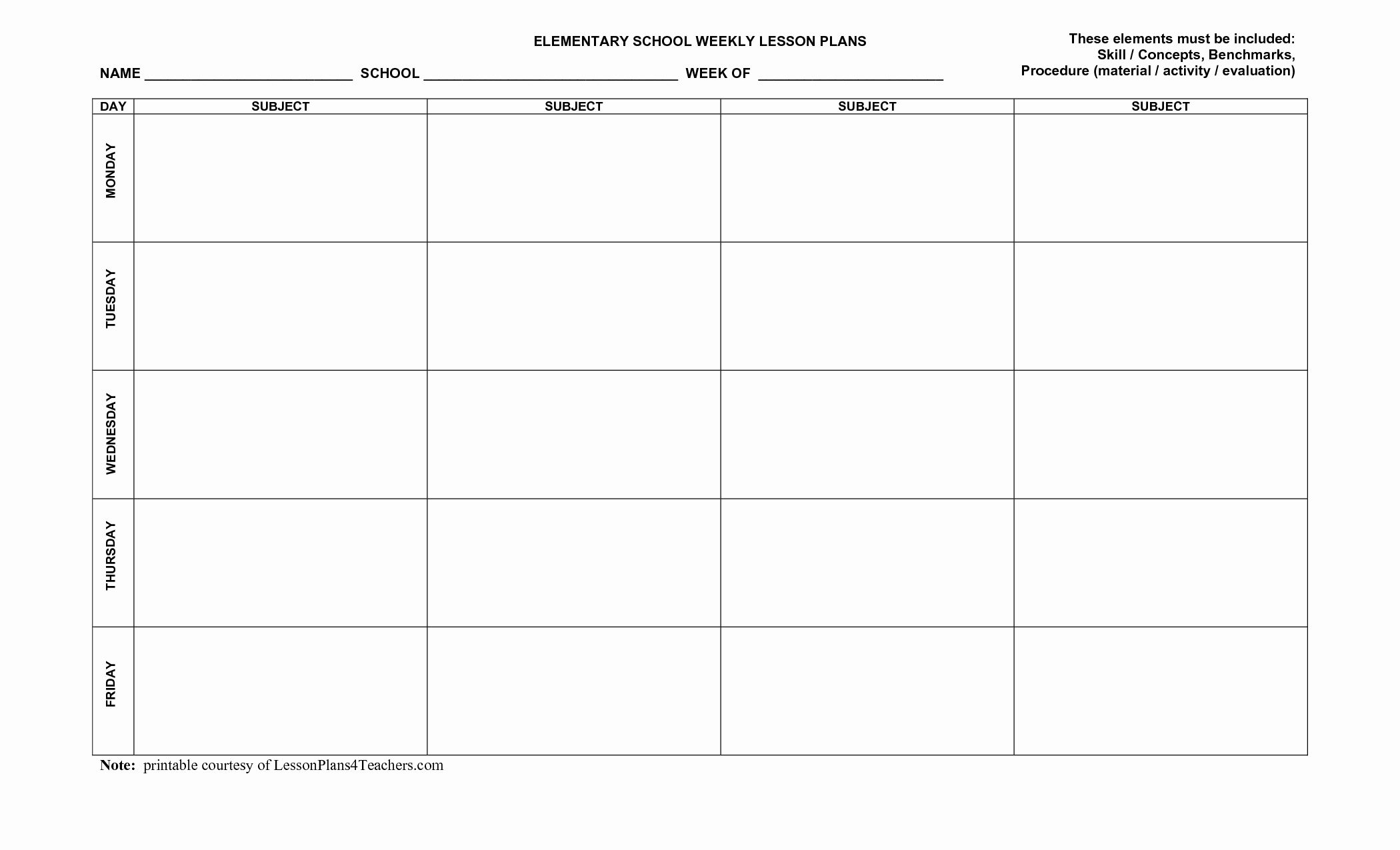 Week Lesson Plan Template Fresh Blank Weekly Lesson Plan