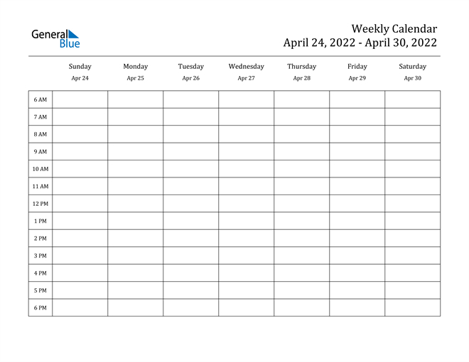 Weekly Calendar - April 24, 2022 To April 30, 2022 - (Pdf