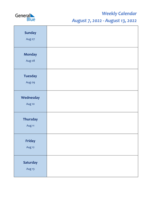 Weekly Calendar - August 7, 2022 To August 13, 2022 - (Pdf