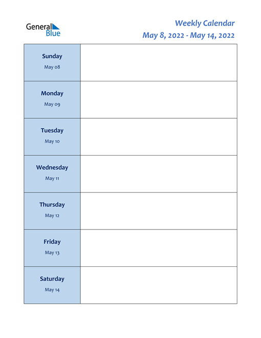 Weekly Calendar - May 8, 2022 To May 14, 2022 - (Pdf, Word