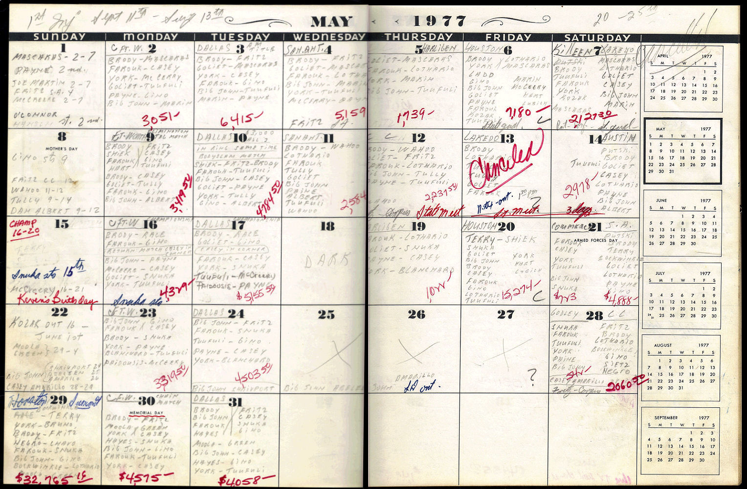 World Class Memories: Memorabilia: 1977 Booking Calendar
