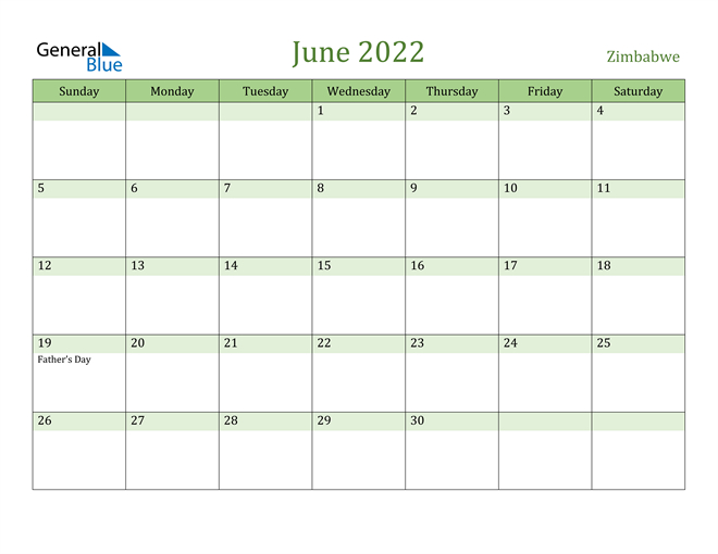 Zimbabwe June 2022 Calendar With Holidays