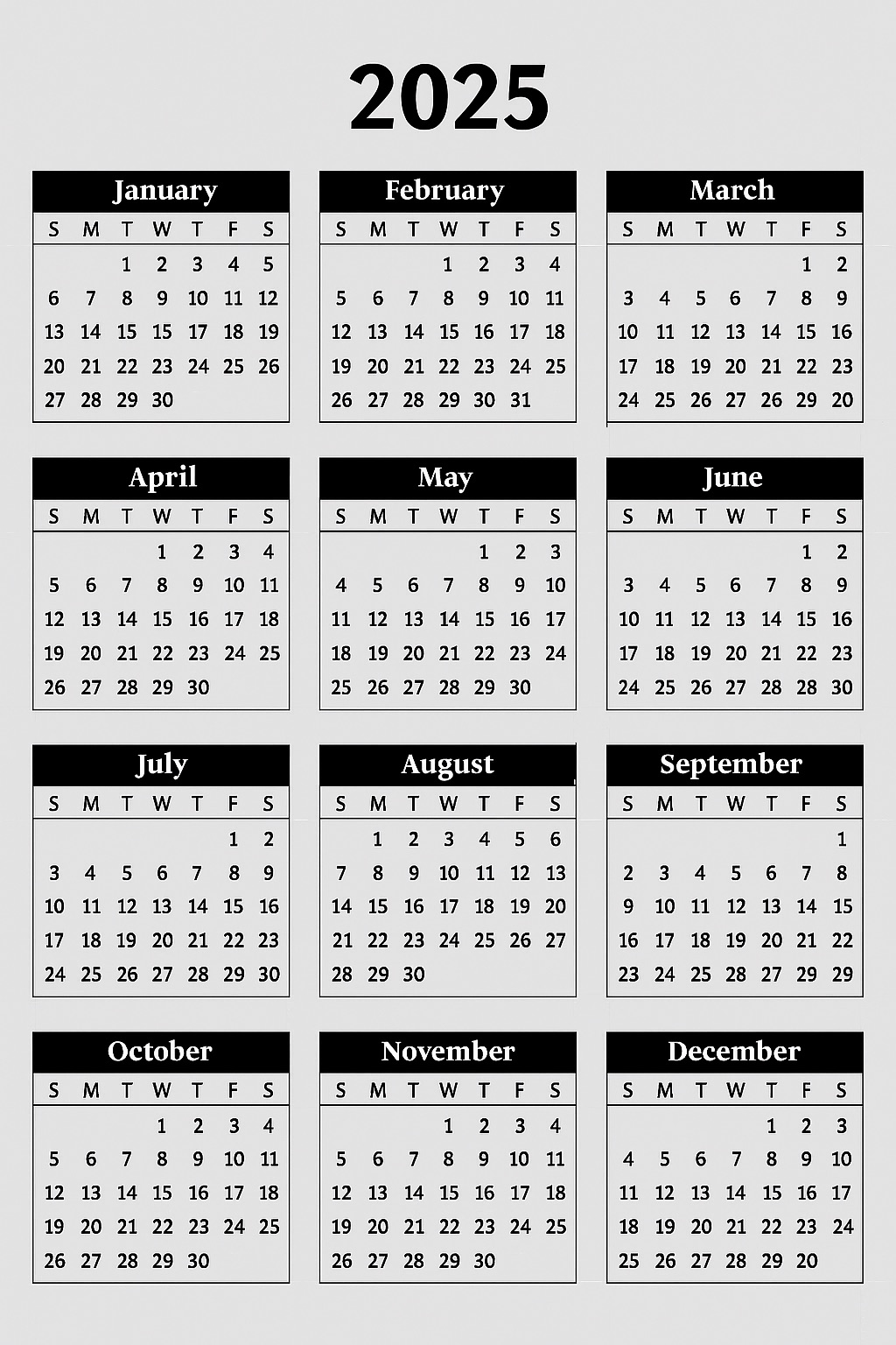 2025 Printable Calendar One Page Monochrome Version 2025 Printable Calendar One Page Monochrome Version